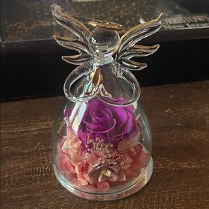 Glass Angel Figurine with preserved Purple rose and Pink Flowers